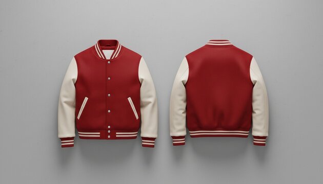 Varsity Jacket Red and White Mockup for Apparel Branding, Stylish Red and White Bomber Jacket Mockup for Design Presentation