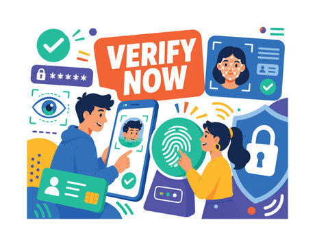 Authentication Identity Access Digital security banner with two expressive stylized users verifying an oversized smartphone scanner and giant fingerprint badge, large face ID panel and shield lock