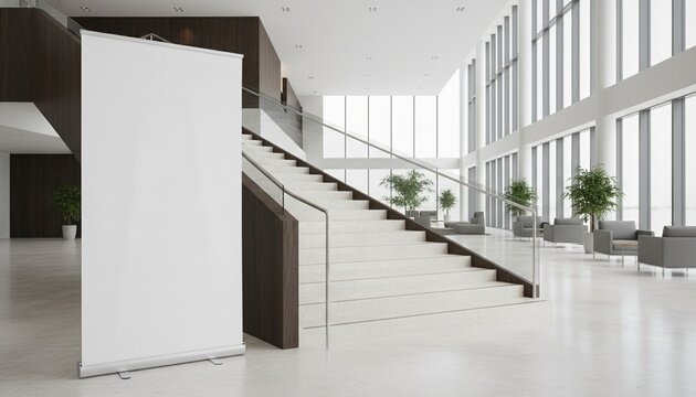 White Blank roll up banner template standing in lobby side stairs. Blank advertisement mockup in business space, Commercial pull up display, for add cover