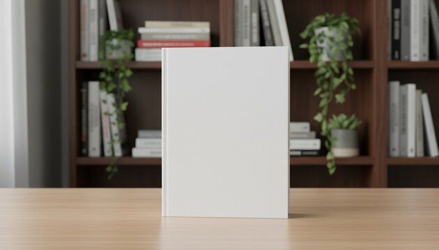 white book cover mockup on desk, with background of books and plants