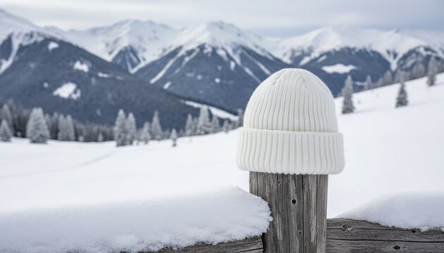 white winter beanie hat mockup in snowy mountains