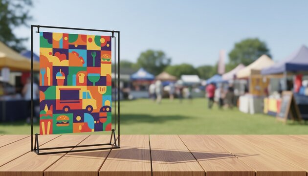 wood table top and Abstract blur food truck festival banner mockup for display of product