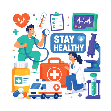 Medical Healthcare Essentials Healthcare service banner with two expressive stylized medical workers handling an oversized stethoscope and giant first aid kit, large pill bottle and microscope