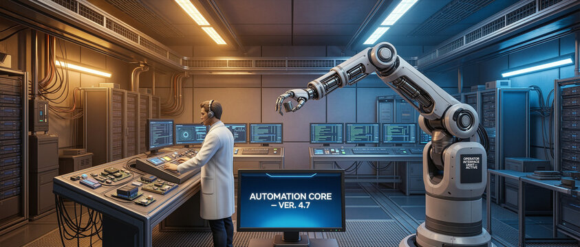 A scientist in a lab coat operates a control panel in a high-tech lab with robotic arms and multiple monitors displaying automation software.
