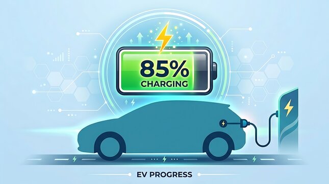 Electric car charging at 85 percent with progress display on digital screen