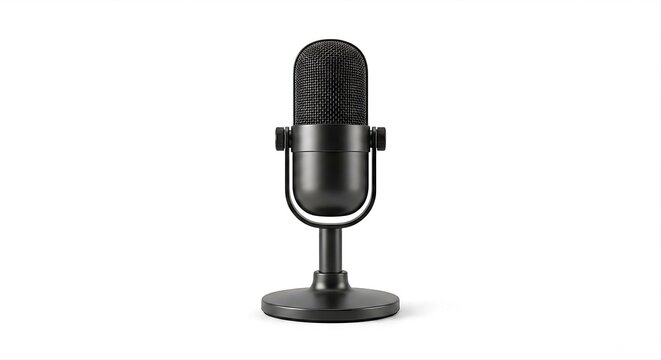  Professional dark matte USB microphone with round desk stand isolated on white