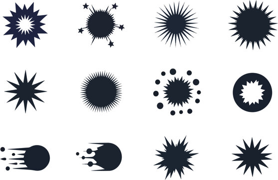 Twelve dark silhouette icons depicting starbursts explosions and meteors in a 3x4 grid