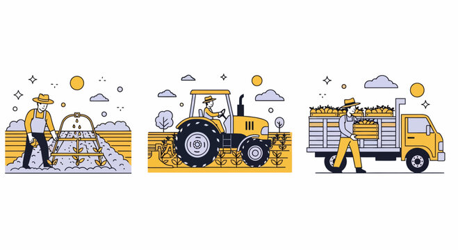 Man sow seed grow farm work crop sun soil food van drive hoe set tool