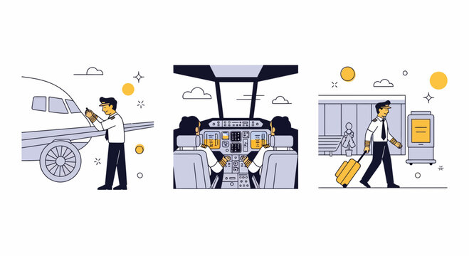 Pilot at jet and in cockpit and at airport for air travel job icon set