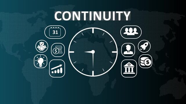Business continuity planning and risk management strategy concept animation featuring digital icons for disaster recovery, corporate resilience, and sustainable growth dashboard.
