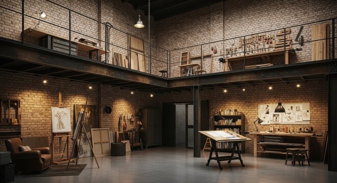 Spacious industrial loft studio with exposed brick walls, mezzanine levels, and art supplies