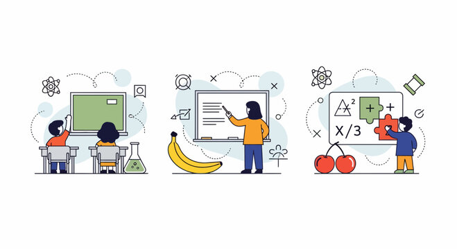 Elementary school children learning math science and logic with their teacher in a classroom environment flat vector illustration