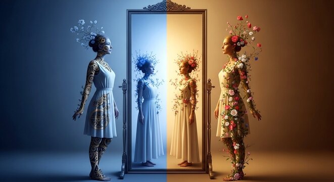 Women in floral headpieces standing by decorative mirror
