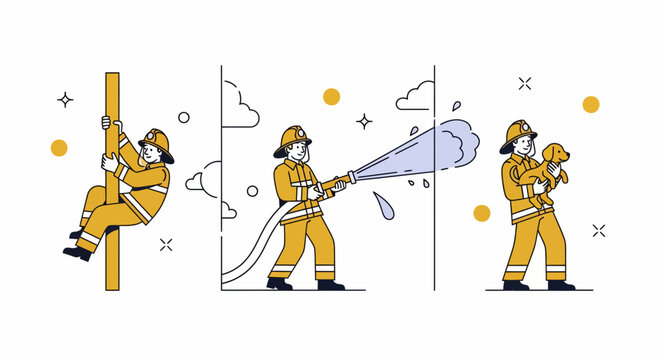 Fireman work hard save life dog water hose pole hero fast help safe job duty
