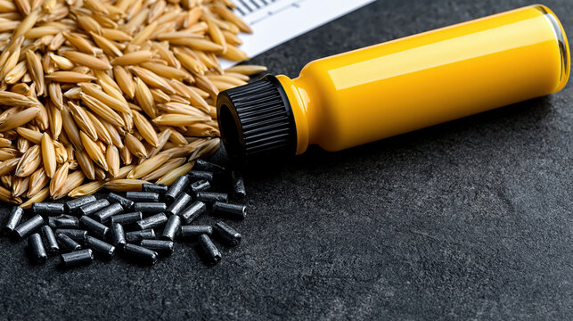 Commodity market uncertainty concept with wheat grain, black pellets, and yellow bottle on dark background