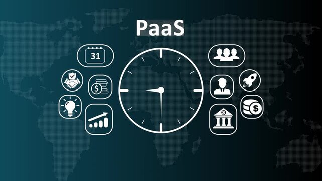PaaS Platform as a Service cloud technology concept animation displaying digital icons for software development environment, cloud infrastructure, and enterprise computing solutions.