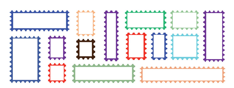 Collation of different colorful postage stamp Edge, Hearts, polegon, circle Vector .