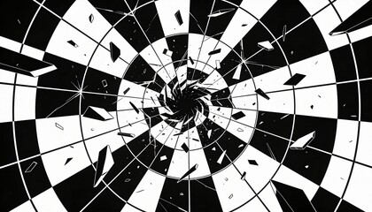 Obraz premium Displaying concentric target grid in abstract plane with black-white wedges, vortex, cracks, shards