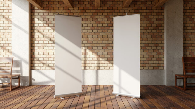 Large white room divider in a brick walled studio with wooden floor