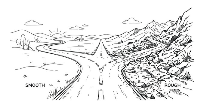 Forking road smooth and rough path illustration.