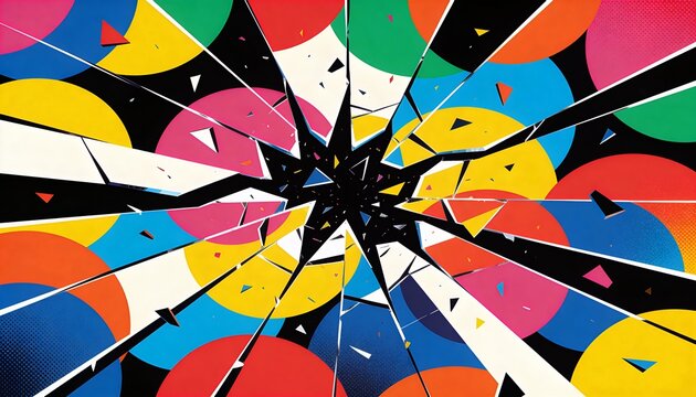 Radiating black starburst sending white beams and black shards in studio, multicolored circles