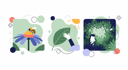 Naklejka premium A Bee On Flower And Hand On Leaf In Sun And Man In Forest Map Art