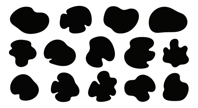 Abstract black organic blob shapes set isolated on white background.