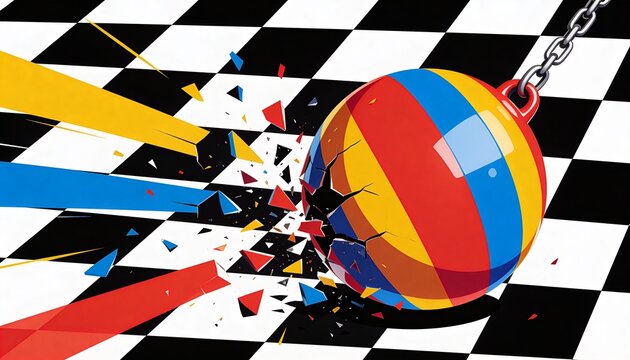 Smashing shiny banded wrecking-ball striking checkered floor, hurling colorful shards, copy space