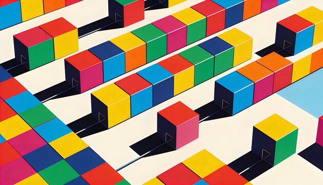 Forming colorful cubes in diagonal rows on cream ground, casting long black shadows with blue rails