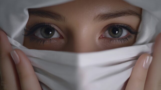 Close up of beautiful woman eyes looking from behind white veil. Mysterious woman gaze expresses deep emotion. Hijab or niqab covers face highlighting expressive look of young female model.