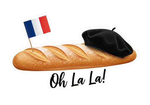 A baguette with a french flag and beret on a transparent background