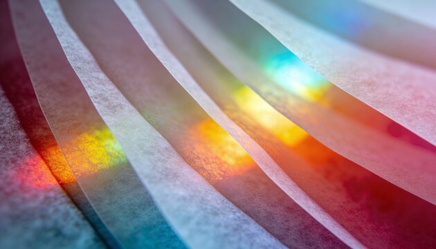 Curving stacked vellum sheets letting rainbow light in studio, overlapping edges casting shadows
