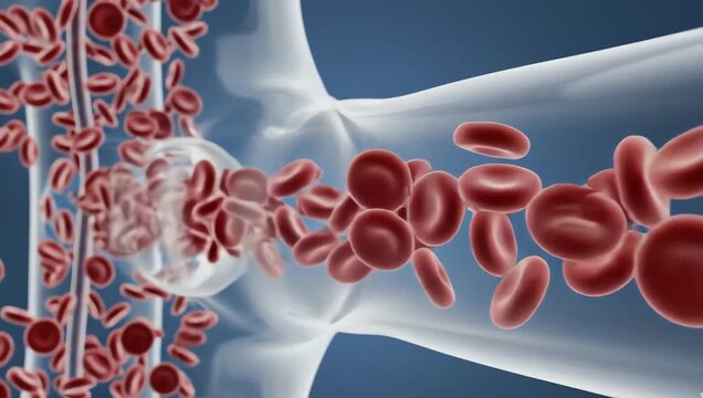 Rhythmic blood pressure waves flowing through crystal-clear vessels, red blood cells moving in synchronized motion