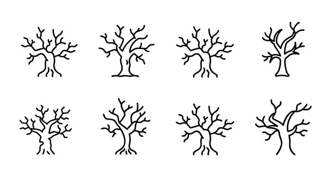 Halloween dead tree web line icons set spooky leafless tree scary winter branch creepy forest trunk mysterious dry plant  vector illustration with editable stroke