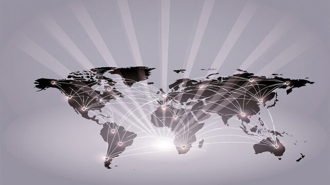 World map with connecting node and heart light on gray background for global communication and network
