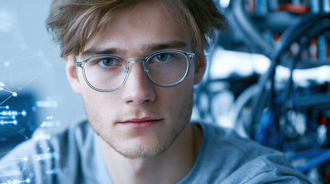 Young male engineer with glasses in data center beside cable and memory module, calm portrait