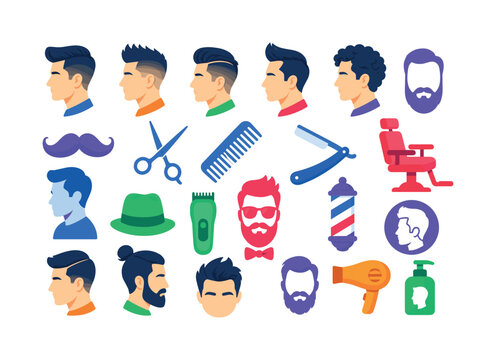 Modern Mens Hairstyles Collection of flat vector icons featuring pompadour haircut, fade haircut, undercut, quiff, curly style, beard, moustache, barber scissors, comb, razor, salon chair, male