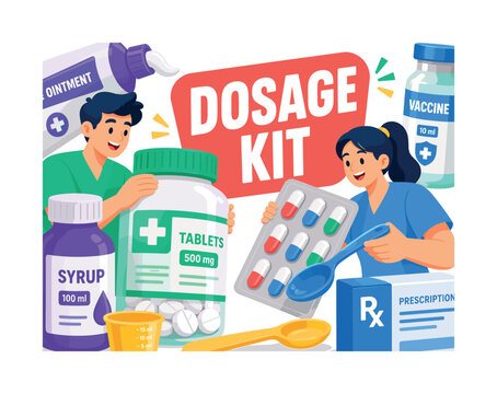 Pharma Dosage Essentials Clean banner scene with two expressive stylized human characters organizing an oversized pill bottle, capsule blister and medicine spoon, with small ointment tube, syrup jar,
