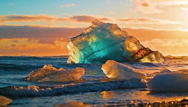 Glowing big translucent ice chunk showing turquoise core in shallow coastal water, sunlit fragments