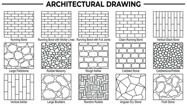 Landscape Architecture CAD Vector Patterns Set. Grass, Water, Stone, Wall, and Texture Elements	