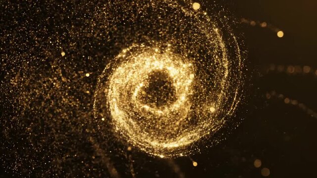 A swirling vortex of incandescent golden particles coalesces into a cosmic nebula, suggesting the genesis of a star system and the dynamic beauty of celestial formations unfolding