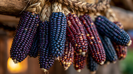 Indigenous corn varieties in deep purple, blue, and speckled red arranged in braided bundles hanging from a wooden rafter, golden hour light through a barn door, perfect for indigenous food revival,