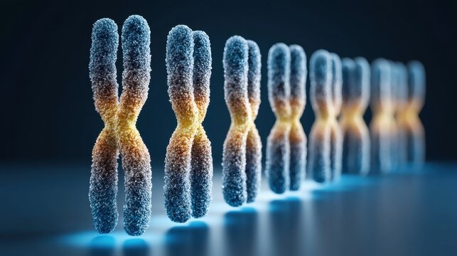 Close-up detailed view of multiple chromosomes with highlighted central region in a row on blue background representing genetic structure and biological science concept