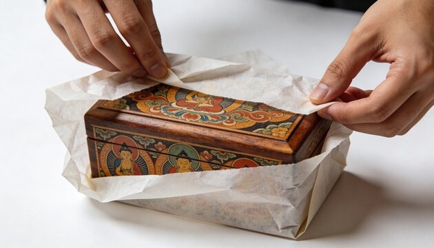 Unwrapping pair of hands revealing ornate painted wooden box on white tabletop with tissue paper