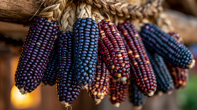Indigenous corn varieties in deep purple, blue, and speckled red arranged in braided bundles hanging from a wooden rafter, golden hour light through a barn door, perfect for indigenous food revival,