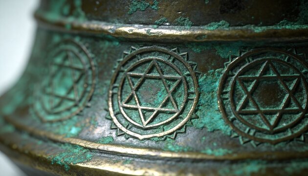 Showing corroded bronze band revealing three hexagram medallions in close-up, with verdigris patina