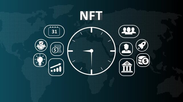 Modern NFT Non-Fungible Token digital asset and blockchain ownership concept video displaying icons for crypto art, secure ledger transactions, and virtual collectible investment.