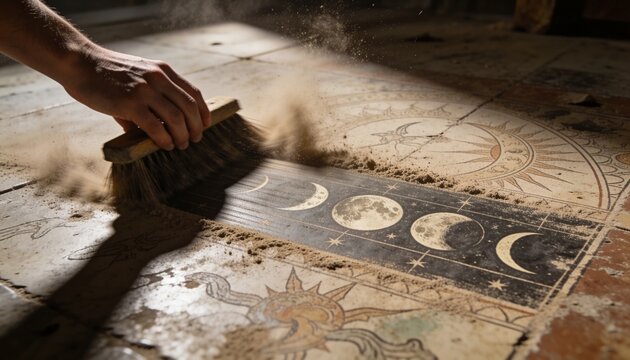 Brushing with wide brush, bare forearm sweeping dust on tiled floor, revealing moon phase panel