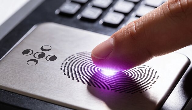 Pressing fingertip making contact with metal fingerprint scanner plate at laptop, with purple glow