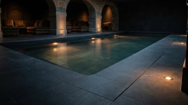 Elegant Indoor Pool Area with Arched Stone Architecture and Soft Lighting